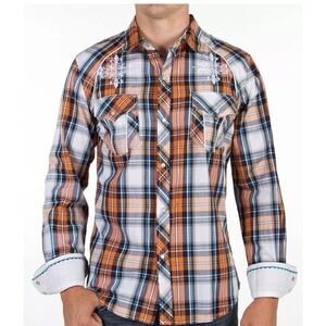Pila Design Pearl Snap Mens Sz Large Orange Plaid Embroidered Cross Long Sleeve